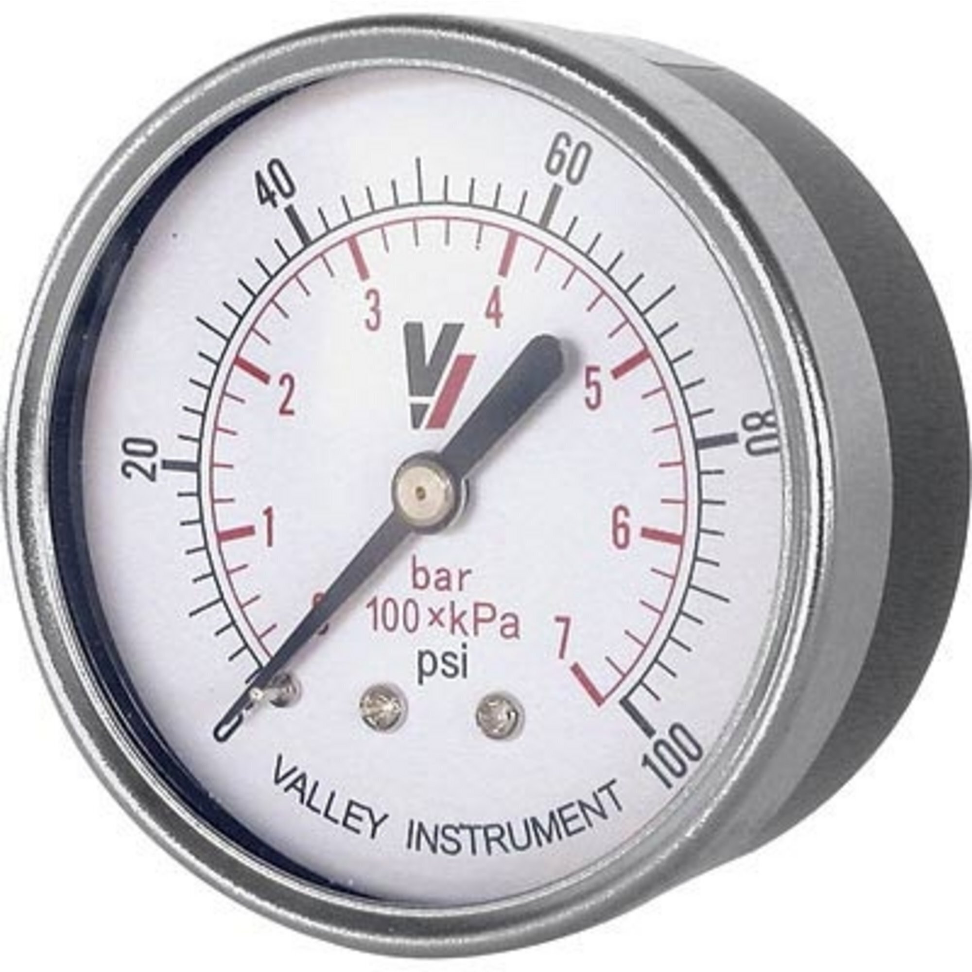 Valley Industries, 2in. Back Mt Gauge 100PSI, Case Material Steel, Min. Operating Pressure 0 PSI, Max. Operating Pressure 100 PSI, Model# 1220DSB100